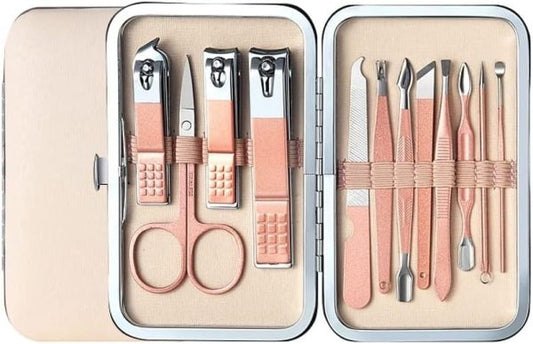 12-Piece Portable Nail Clippers Beauty Tool Set – Stainless Steel Manicure & Pedicure Kit with Leather Case