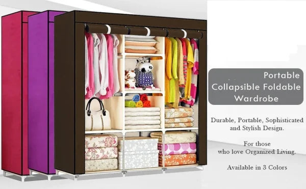 3-Door Fancy & Portable Foldable Closet Wardrobe Storage Organizer with Shelves – Multipurpose Fabric Wardrobe