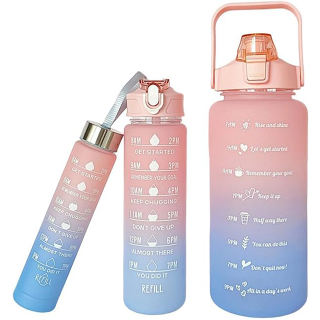 3-Pack Motivational Sports Water Bottles with Time Marker – Frosted Plastic, Leakproof, Straw Lid (Random Colors)