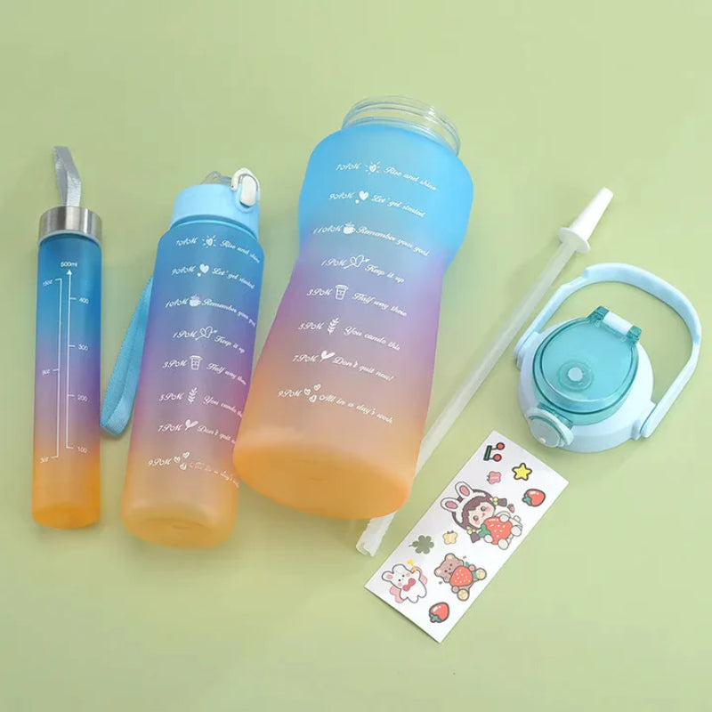 3-Pack Motivational Sports Water Bottles with Time Marker – Frosted Plastic, Leakproof, Straw Lid (Random Colors)