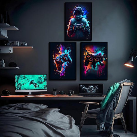 3pcs Cool Gaming Wall Art – Retro Video Game Sticky Phototiles Wall Frames