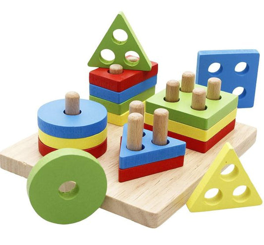 Lewo Wooden Puzzle Toddler Toy – Colorful Geometric Shape Sorter & Stacking Game for Kids – Montessori Learning Toy for Preschool Development