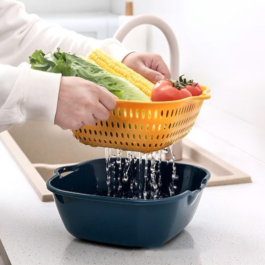 Multi-Function Double-Layer Draining Storage Basket with Lid | 2-in-1 Colander & Bowl Set (Random Color)