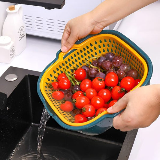 Multi-Function Double-Layer Draining Storage Basket with Lid | 2-in-1 Colander & Bowl Set (Random Color)