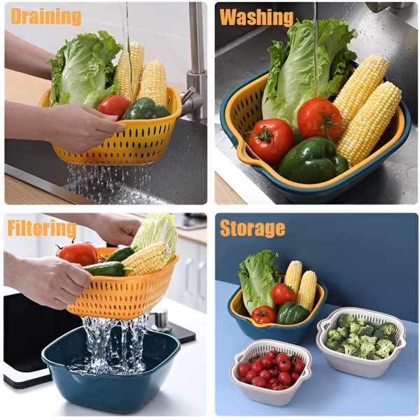 Multi-Function Double-Layer Draining Storage Basket with Lid | 2-in-1 Colander & Bowl Set (Random Color)