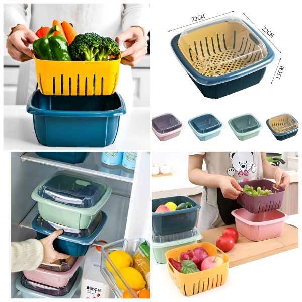 Multi-Function Double-Layer Draining Storage Basket with Lid | 2-in-1 Colander & Bowl Set (Random Color)