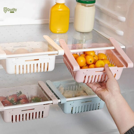 Adjustable Fridge Storage Basket – Stretchable Plastic Food Organizer Drawer for Refrigerator (Multipurpose Shelf)