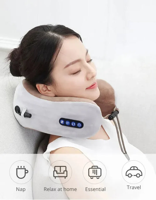 U-Shaped Neck Pillow Massager – USB Rechargeable Cervical & Shoulder Vibrating Massage Pillow for Home, Car & Travel